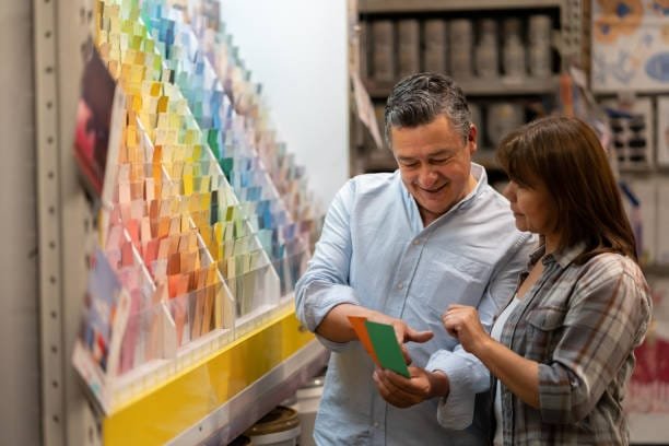 Portrait of a loving couple at home improvement choosing a color to paint their house and holding a palette - decoration concepts